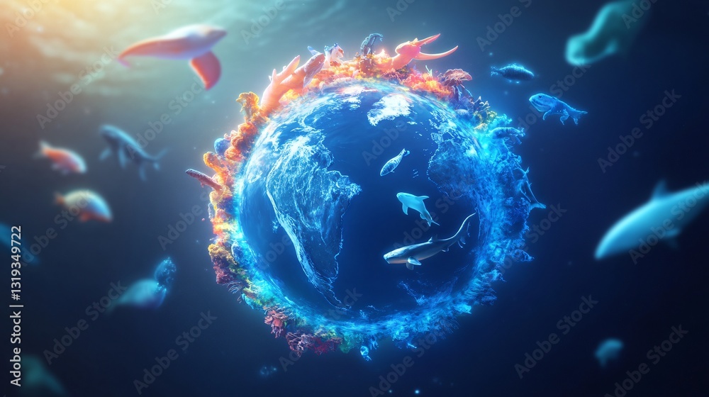 Fototapeta premium International Day for Biological Diversity Digital globe surrounded by colorful marine life, vibrant underwater scene highlighting ocean diversity and conservation themes.