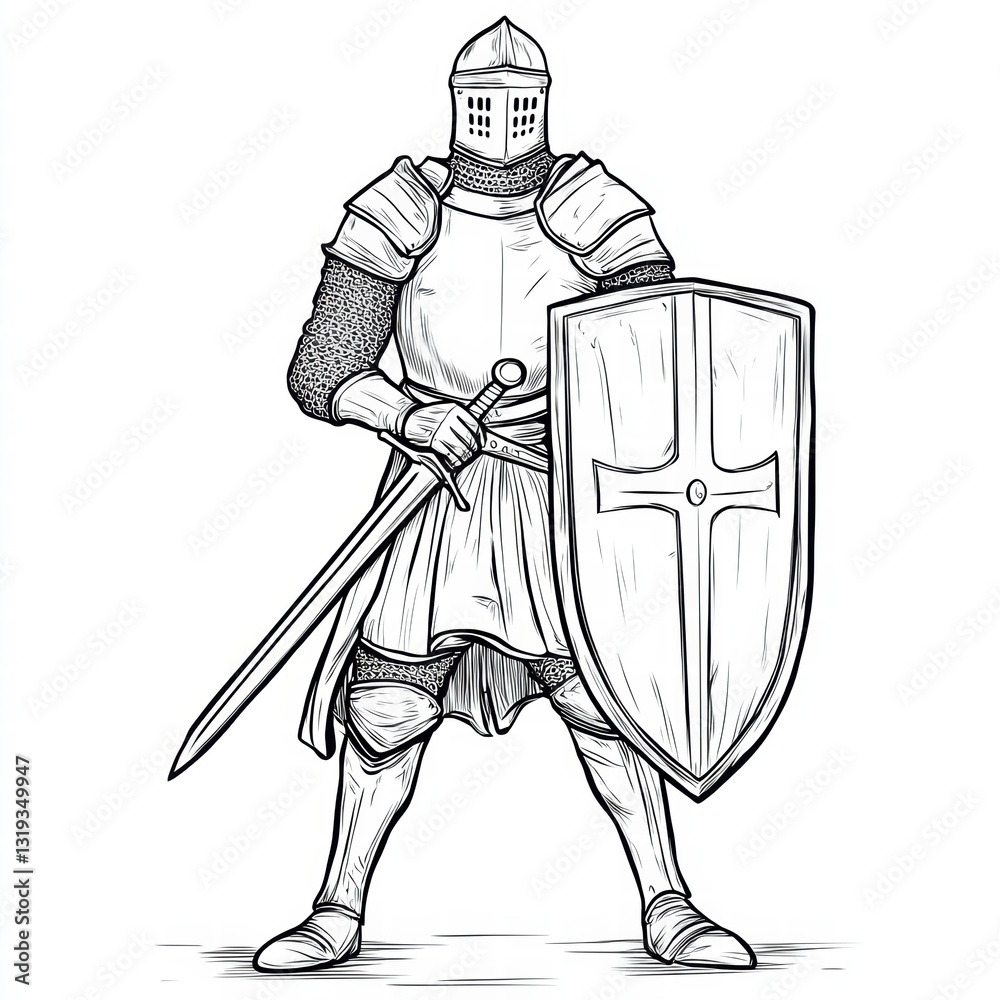 Obraz premium Medieval Knight in Armor: A valiant knight stands resolute, clad in full plate armor, wielding a long sword and a shield emblazoned with a cross.