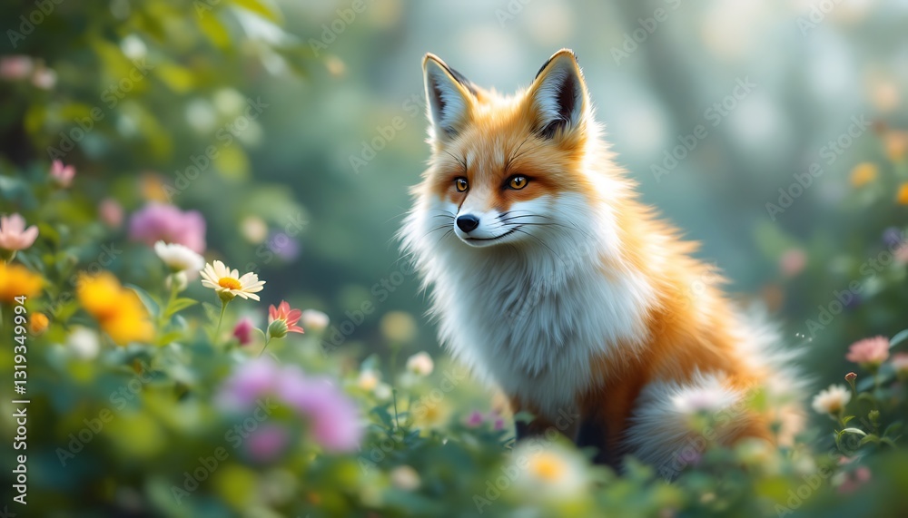Obraz premium Red Fox in Flower Garden Peaceful Nature Scene