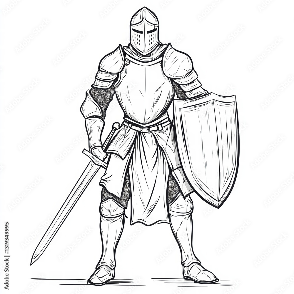 Obraz premium Steadfast Sentinel: An armored knight, sword and shield in hand, stands vigilant. This detailed illustration embodies the valor and strength of a medieval warrior, ready to defend.