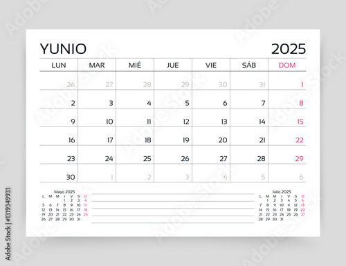 June 2025 Spanish calendar. Planner calender template. Desk monthly organizer. Timetable layout. Week starts Monday. Table schedule grid. Corporate diary. Vector simple illustration. Paper size A5
