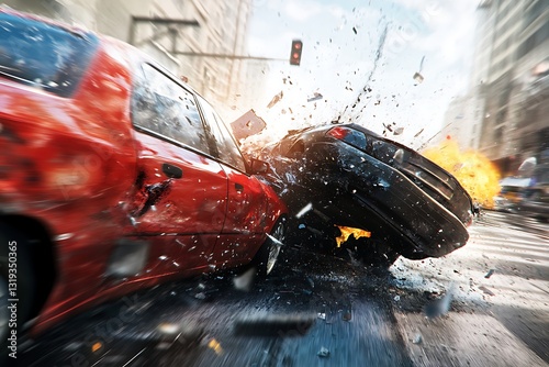A photorealistic image of a sedan and SUV colliding at a busy urban intersection with shattered glass, crumpled metal, and scattered debris.