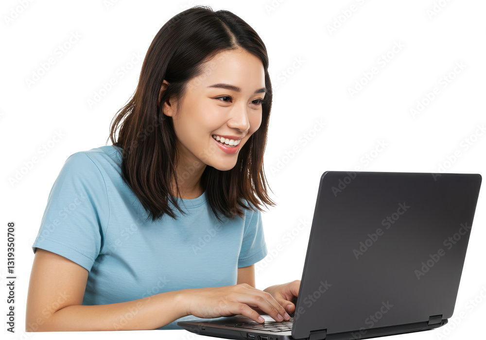 Portrait of woman holding laptop and watching media with happy smile, sharing web content isolated on White background Portrait of woman holding laptop and watching media with happy smile, sharing web content isolated on White background