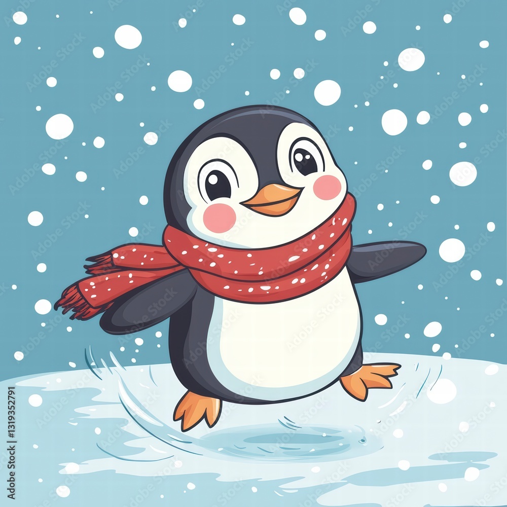 Fototapeta premium Cheerful Penguin in Winter: An adorable cartoon penguin joyfully dances in a snowy winter scene, wearing a cozy red scarf, embodying the spirit of winter fun and cheer.