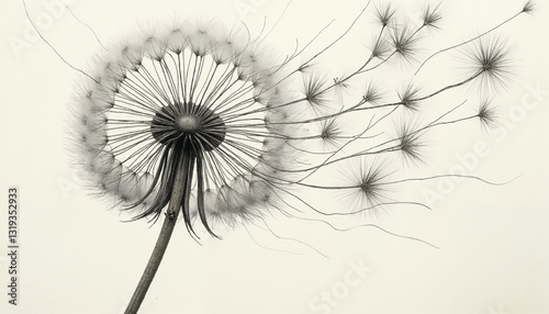 Minimalist black and white dandelion puff blowing in the wind, artistic and elegant composition