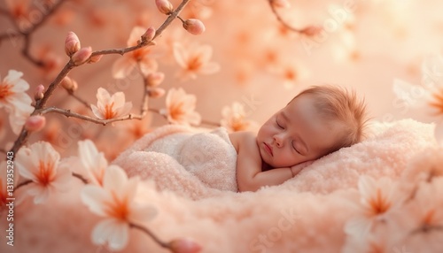 Sleeping baby wrapped in soft blanket surrounded by blooming magnolia flowers, peaceful and serene setting