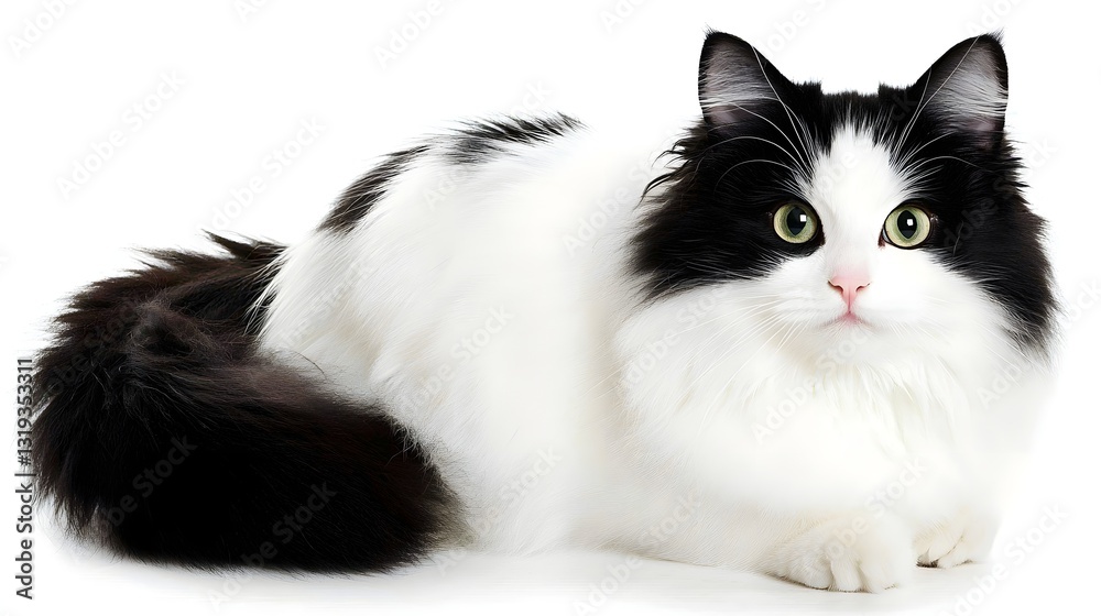 Fluffy Black and White Cat with Green Eyes Relaxing Comfortably on a White Background Fluffy Black and White Cat with Green Eyes Relaxing Comfortably on a White Background