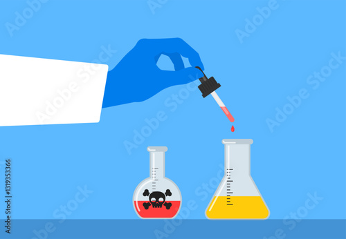 hand using dropper pipette to add poison into glass beaker medicine science laboratory experiment vector illustration