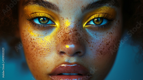 Beauty portrait with mustard yellow eyeshadow and glossy lips