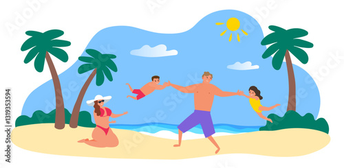 happy family father and children having fun summer beach vacation vector illustration