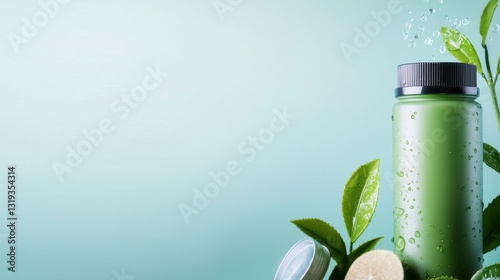 Wallpaper Mural Green Tea Extract style. Natural skincare products with green bottle and leaves on a soft background. Torontodigital.ca