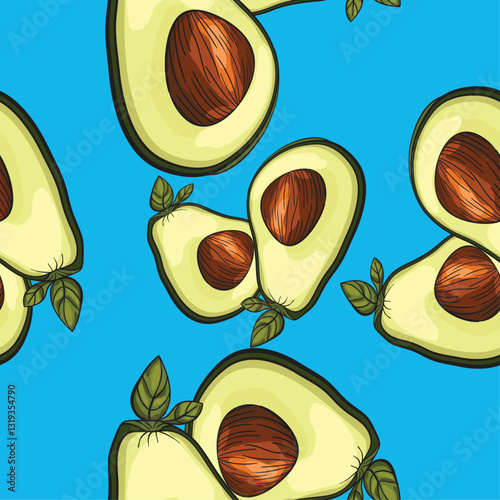 Seamless pattern with freshly cut avocado and leaves showing the seed