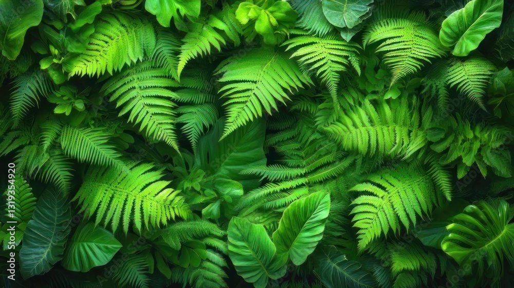Fototapeta premium Lush green foliage wall, a vibrant display of tropical plants