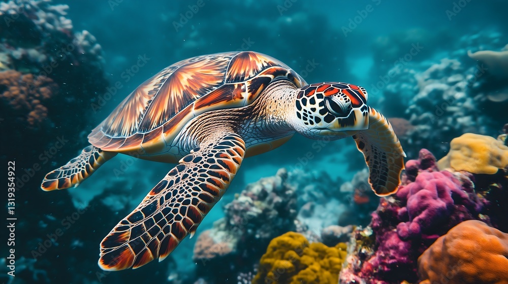 Vibrant coral reef habitat with a sea turtle gracefully swimming through colorful underwater life Vibrant coral reef habitat with a sea turtle gracefully swimming through colorful underwater life