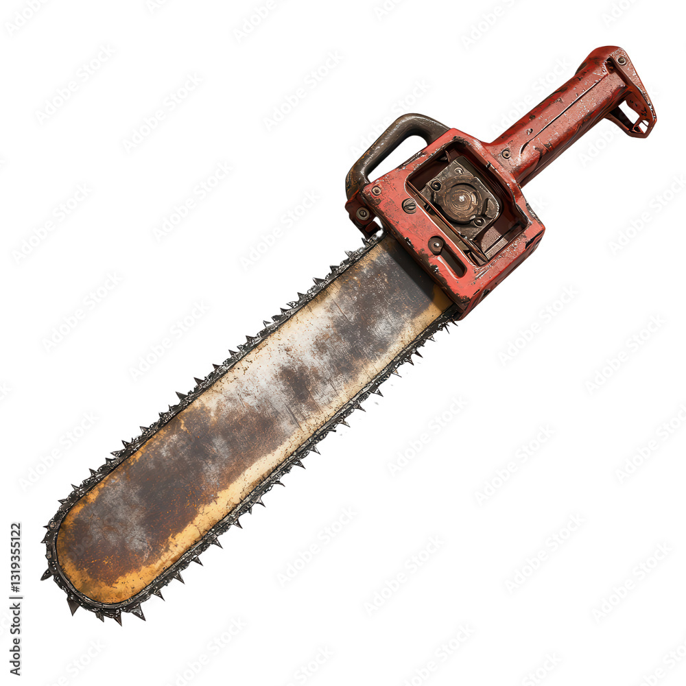 The Chainsaw's Rust: A close-up shot of a chainsaw, its worn and rusty metal showcasing its age and ruggedness. The Chainsaw's Rust: A close-up shot of a chainsaw, its worn and rusty metal showcasing its age and ruggedness.