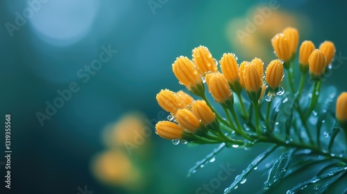  Delicate yellow flowers covered in dewdrops, soft blurred background, close-up macro shot, fresh morning nature scene, serene and calming atmosphere.