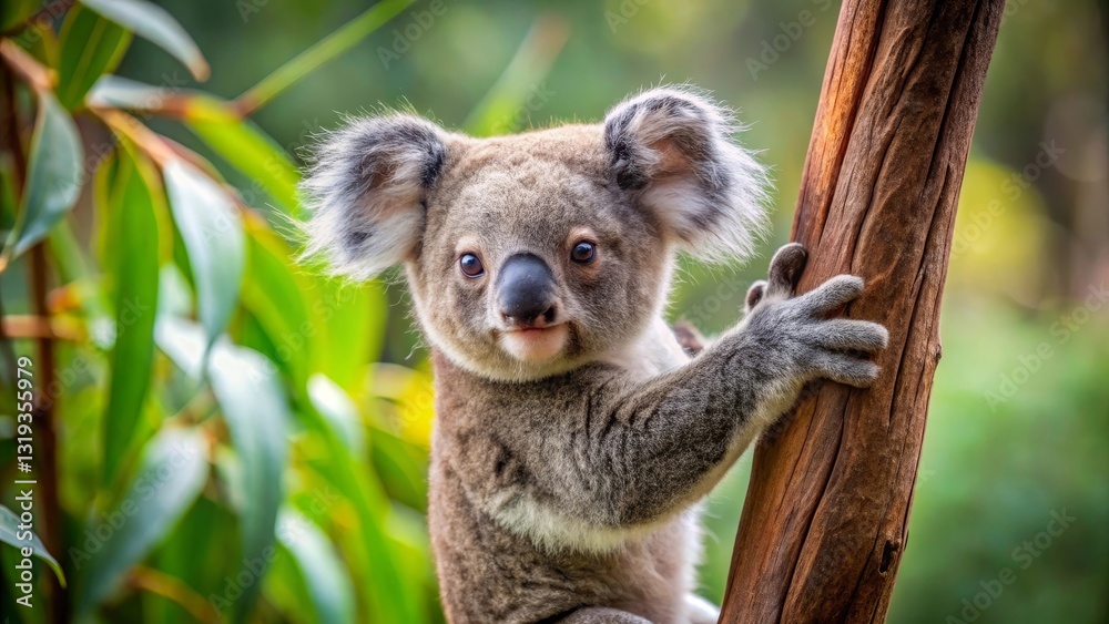 Obraz premium Adorable Koala Joey Clinging to a Tree Trunk in a Lush Green Forest