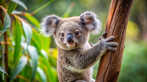 Adorable Koala Joey Clinging to a Tree Trunk in a Lush Green Forest