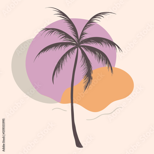 A pure black silhouette of a tall and slightly curved palm tree with long, arching fronds,  