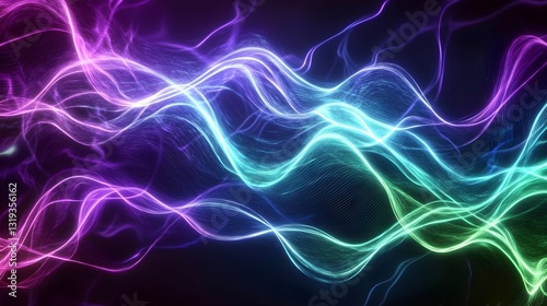 Colorful neon wavy lines are flowing across a dark background