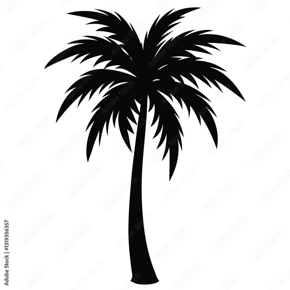 Obraz premium A pure black silhouette of a tall and slightly curved palm tree with long, arching fronds,