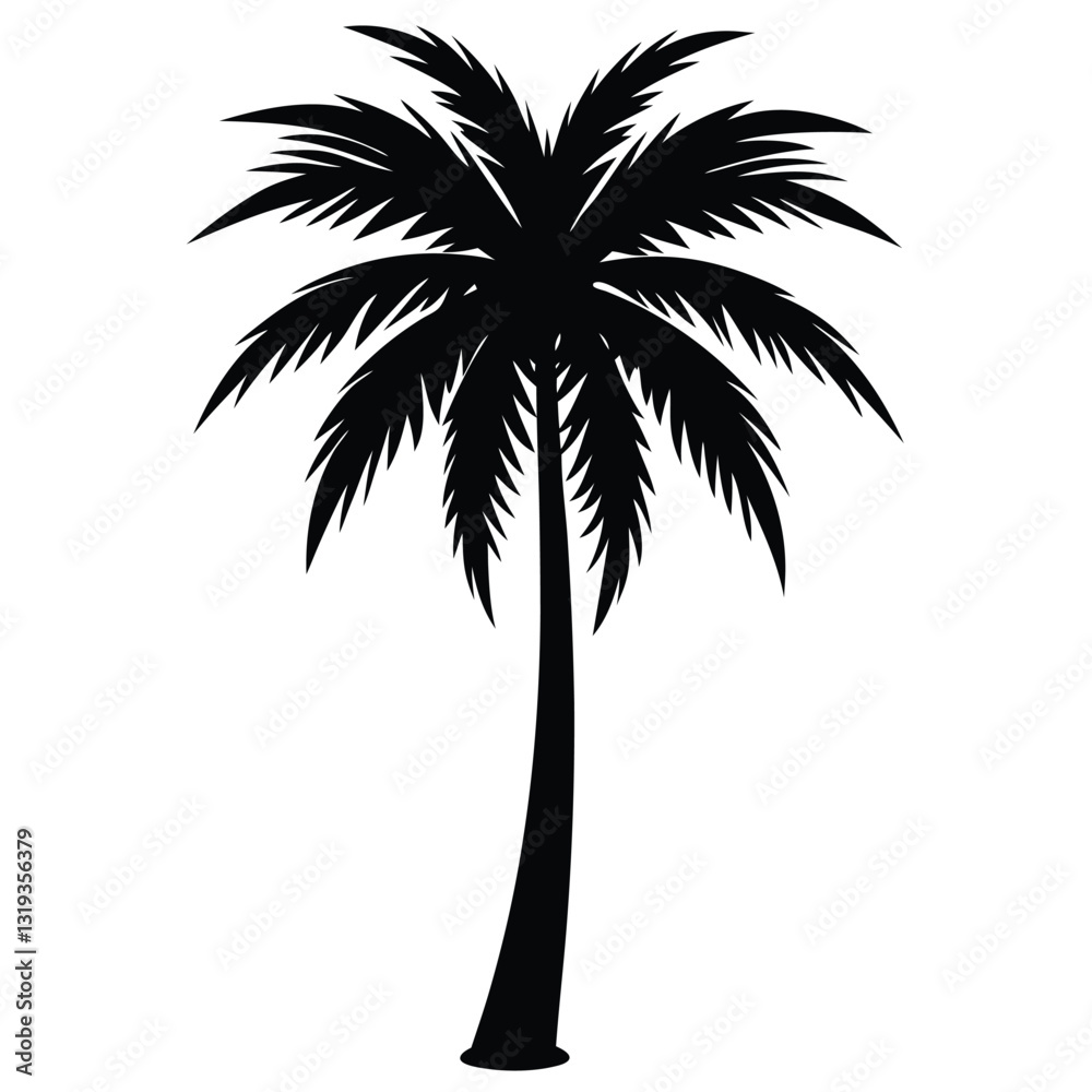 Obraz premium A pure black silhouette of a tall and slightly curved palm tree with long, arching fronds, 