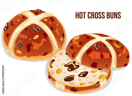 Whole & Sliced Hot Cross Buns Isolated. English Festive Easter Pastries Detailed Illustration