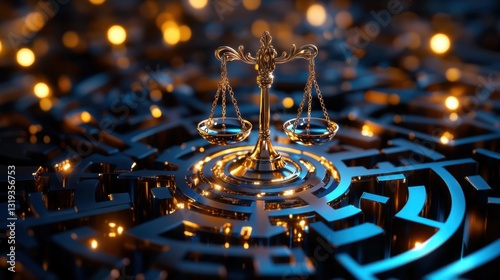 A shining scale of justice stands in the center of a blue maze, symbolizing the pursuit of fairness amid complexity, illuminated by soft golden lights.