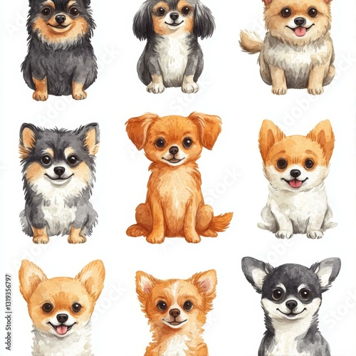 Charming Collection of Watercolor Dog Portraits Featuring Various Breeds with Expressive Features photo