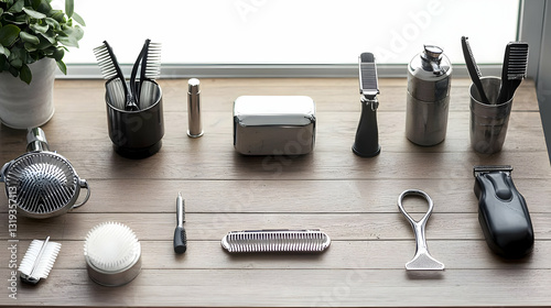 Barber Tools And Accessories Arranged On A Rustic Wooden Table In Front Of A Window With Natural Light