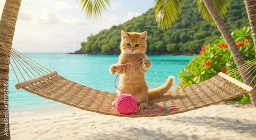 Relaxing Cat in Hammock by the Tropical Ocean at Sunset - Perfect Beach Vacation Scenery