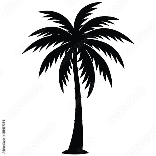 A pure black silhouette of a tall and slightly curved palm tree with long, arching fronds,  
