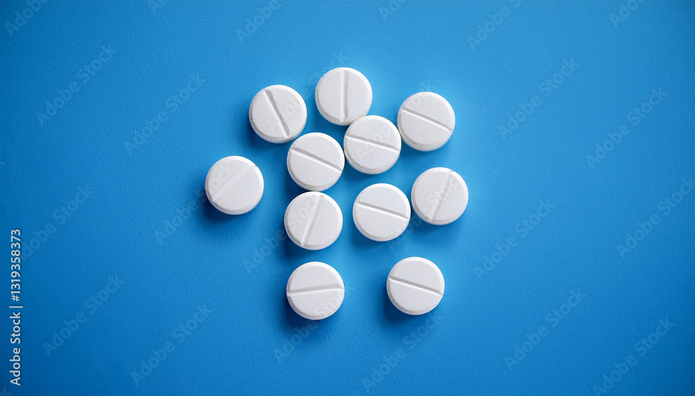 White medical tablets on vibrant blue surface. Medicine, treatment and pharmaceutical care. White medical tablets on vibrant blue surface. Medicine, treatment and pharmaceutical care.