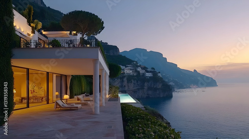 Luxury Modern Villa Overlooking The Mediterranean Sea At Sunset With Illuminated Terrace Pool And Lounge Chairs