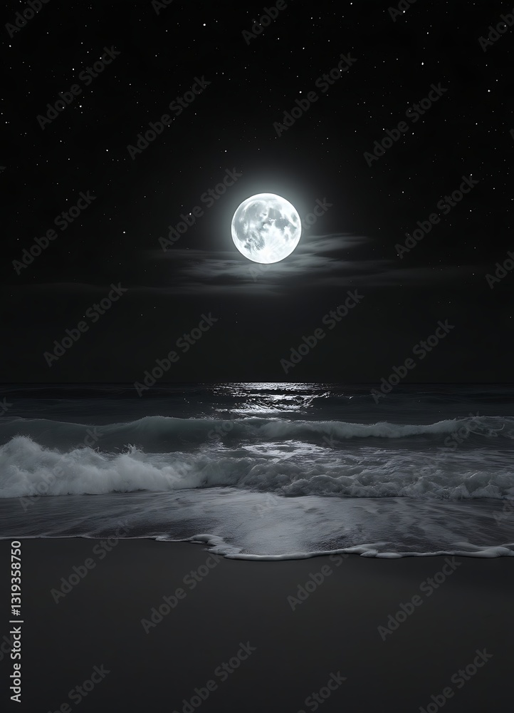 Fototapeta premium Full Moon Over Ocean Waves Under Starry Night Sky Serenity