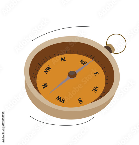 Golden metal compas.Compass for tourist routes, north south east west. Compass navigation arrows.