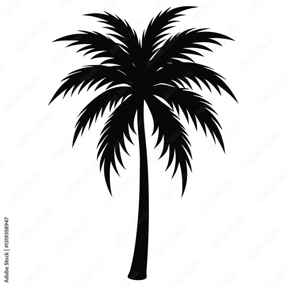 Fototapeta premium A pure black silhouette of a tall and slightly curved palm tree with long, arching fronds,