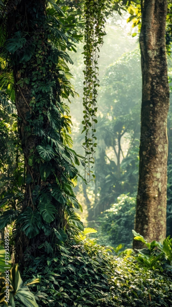 Obraz premium Tranquil forest scene featuring a wooden bench surrounded by lush greenery and tall trees