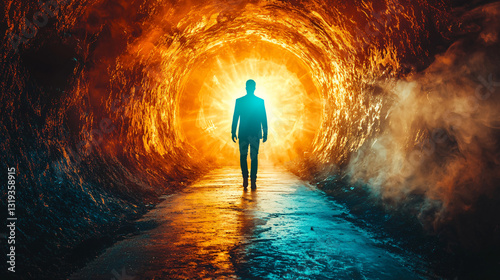 A silhouette stepping into an infinite gateway, symbolizing dimensional shift and spiritual evolution. 