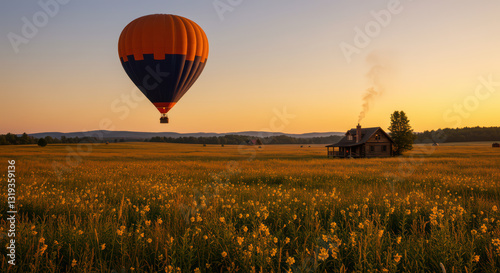 Hot Air Balloon Adventure: A Countryside Exploration at Sunset - A Scenic Travel Experience with Vibrant Colors and Tranquility