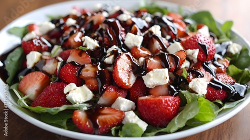 close up of salad featuring fresh British strawberries, feta, and mixed greens, drizzled with balsamic glaze 