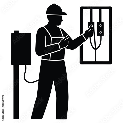 A pure black silhouette of an electrical engineer holding a multimeter while inspecting electrical equipment 