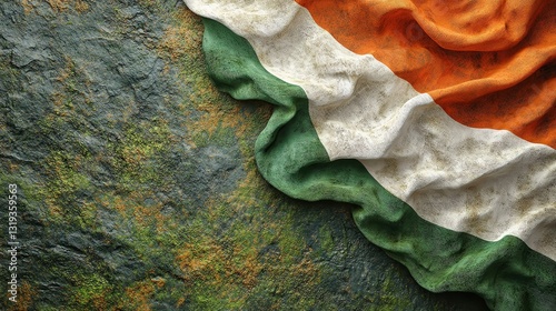  Close-up of Irish flag resting on textured rocky background, representing national pride, cultural roots, and historical significance with a rugged aesthetic.