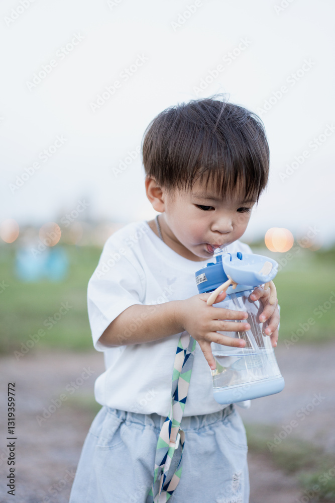 young child in white shirt and blue shorts drinks from water bottle outdoors, enjoying refreshing moment in grassy area. background is softly blurred, highlighting child focus young child in white shirt and blue shorts drinks from water bottle outdoors, enjoying refreshing moment in grassy area. background is softly blurred, highlighting child focus