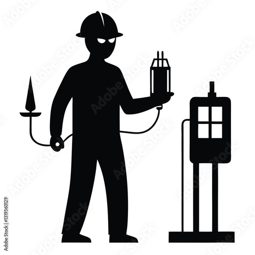 A pure black silhouette of an electrical engineer holding a multimeter while inspecting electrical equipment 