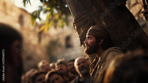 Zacchaeus, a short but wealthy tax collector from the Bible, is perched on a large sycamore tree, eagerly looking down at Jesus with wide eyes filled with curiosity and hope. He wears fine but slightl