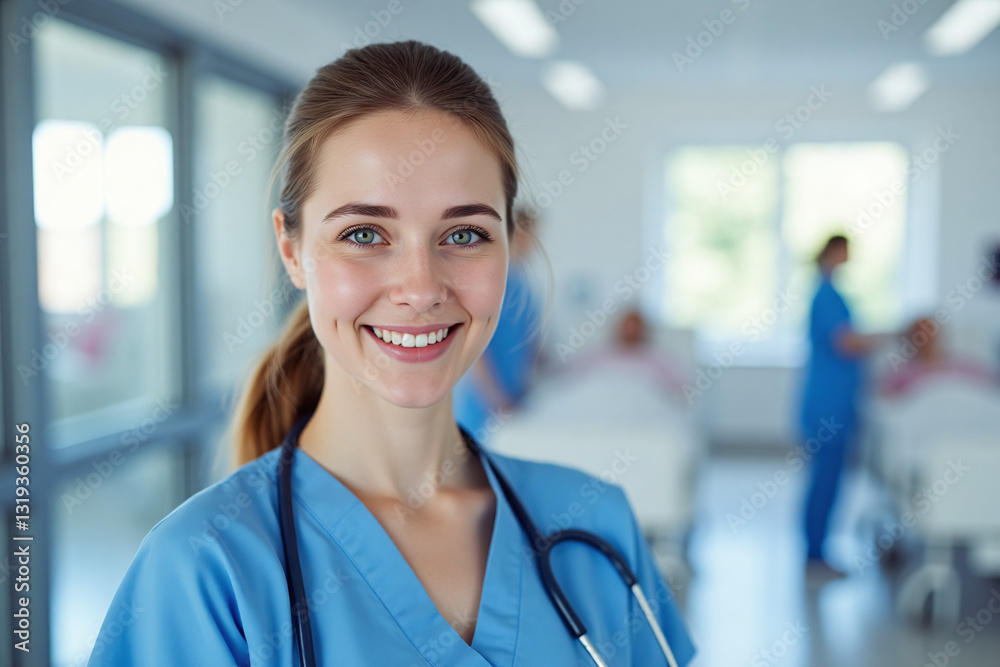 Fototapeta premium Close-Up Portrait of a Young German Female Nurse in a Hospital Setting