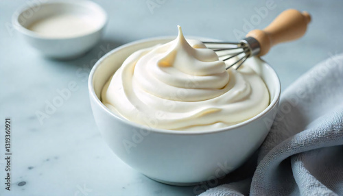 Creamy mixture in bowl, whisk blending smooth texture, culinary preparation, fresh dairy ingredient for desserts.