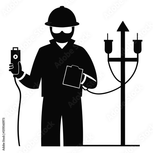 A pure black silhouette of an electrical engineer holding a multimeter while inspecting electrical equipment 