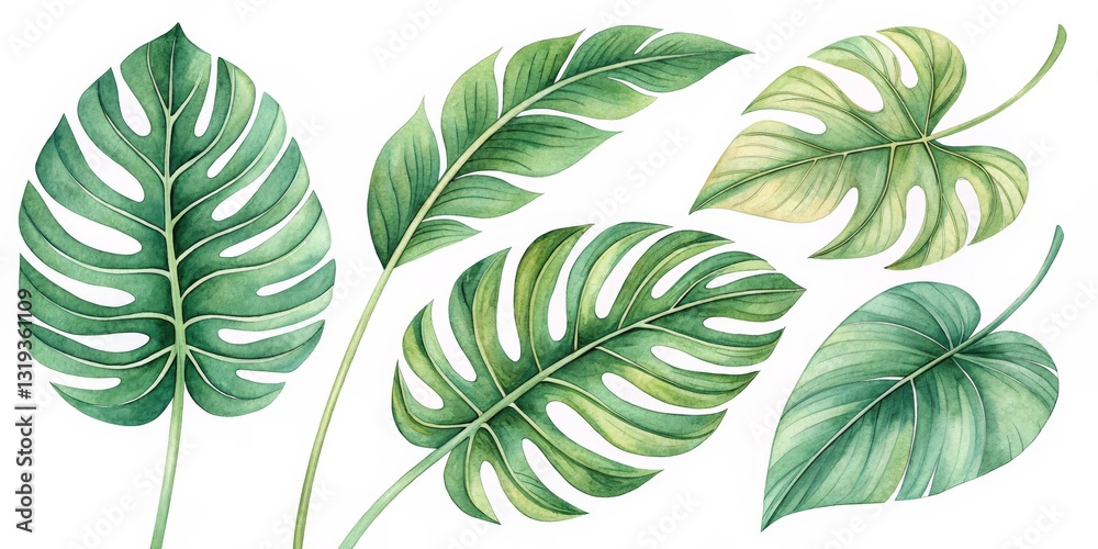 Naklejka premium Watercolor Green Tropical Leaves Set on White Background, Exotic , Monstera